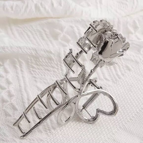 Boho Chic Elegant Rose Silver Tone Hair Clip with Engraved detailing, Feminine - Picture 2 of 3